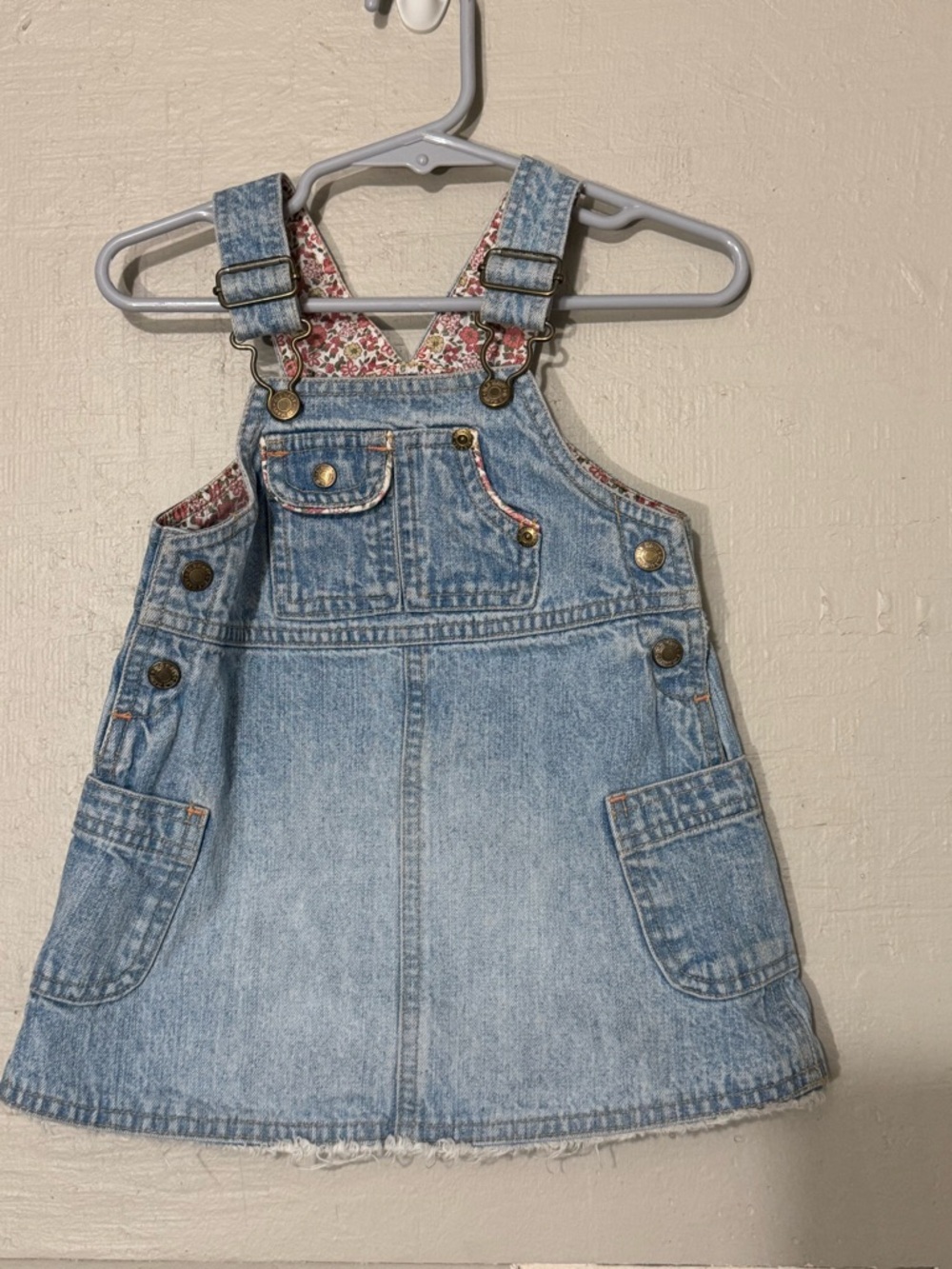 Vintage Old Navy Light Blue Denim Baby Girl Overall Dress with Floral Lining